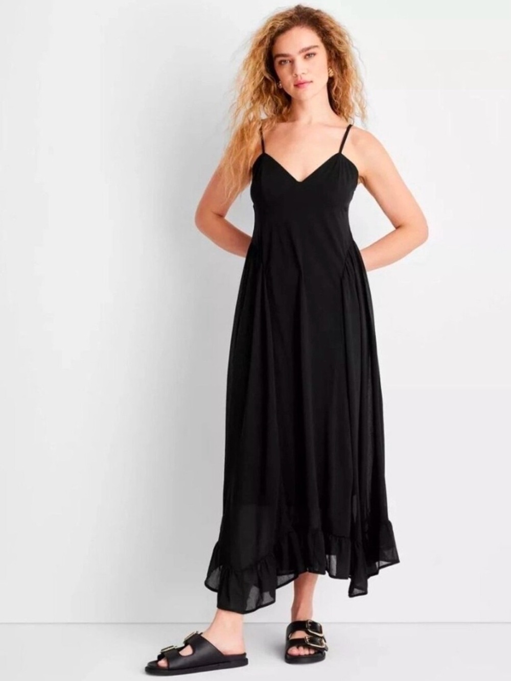 Black Spaghetti-Strap Maxi Dress with V-Neck